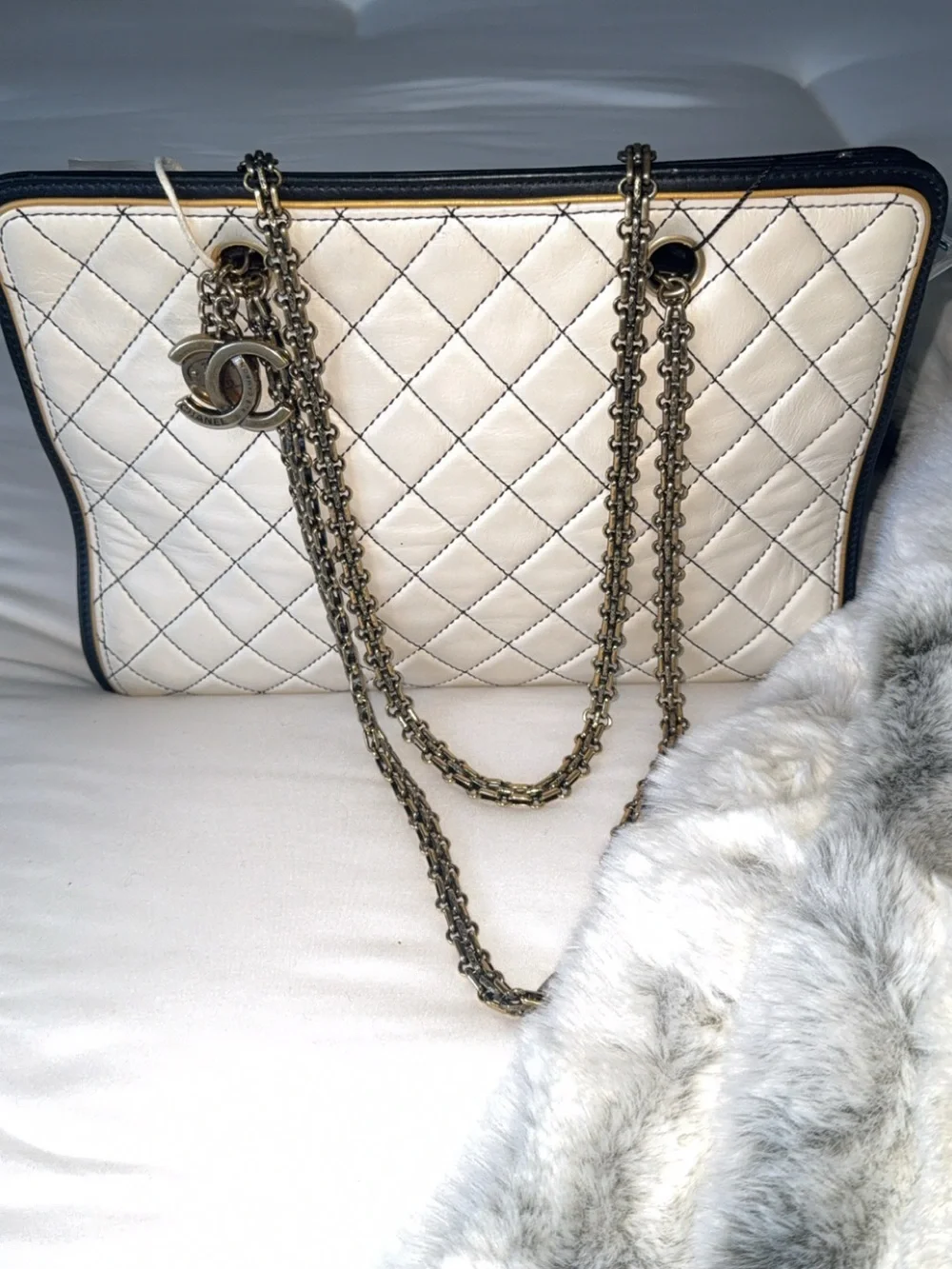CHANEL Beige Quilted Leather Tote with Dark Trim and Aged Gold Hardware l COA